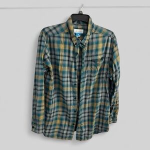 Columbia gorpcore cotton plaid button down top men's size XL teal grey blokecore